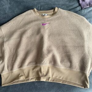 Nike Cream Sherpa Crewneck with Pink Swoosh